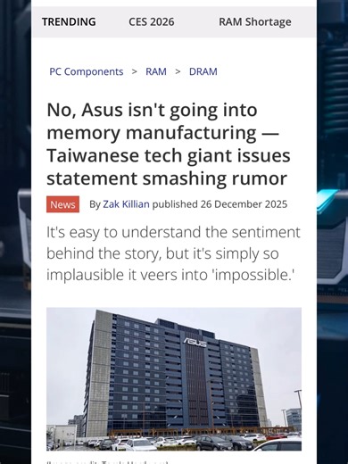 Is ASUS finally making their own RAM? 😱 The rumors have been flying about ASUS entering the memory manufacturing market to fix the global DDR5 shortage. I’m breaking down the official statement from ASUS and why building a memory wafer fab isn't as easy as it looks. 🚫💻 If you're building a gaming PC in 2025, you need to hear this update. Will we ever see ROG RAM? Let’s talk in the comments! 👇 #ASUS #TechNews #PCBuilding #RAMShortage #DDR5 #GamingPC #CustomPC #ASUSROG #TechShorts #ComputerHar