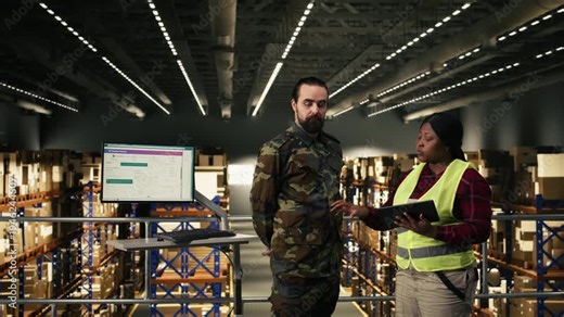 Military officer, defense logistics, distribution center operations, monitoring cargo transportation and shipment tracking on pc. Soldier and staff in uniform manages supply chain process.