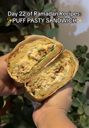 Made Chicken Sandwich Using Puff Pastry Block 🥪 For the ingredients i used: - 1 puff pasty block - 150g of chicken thighs - 1 grilled tomato - 1/2 of a green bell pepper - 3 copy faiy For making the chicken: - I used only salt and pepper - Coriander leaves are optional For the cheese spread: - 1 tbsp cream cheese spread - 1 tsp cream cheese - 1 tsp kewpie mayonnaise - 1 tsp black pepper sauce Hope this will be helpful for you! 🥹🤍 #puffpastry #chickensandwich #ramadanrecipes #quickrecipes #dhi