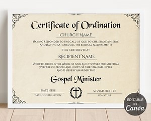Certificate of Ordination, Printable Ordained Minister Gospel Ministry Certificates, Editable Canva Template - Etsy