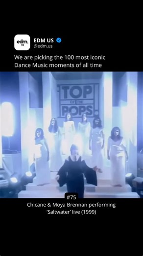 EDM US on Instagram: "Chicane & Moya Brennan performing Chicane live (1999) In 1999, Chicane and Moya Brennan performed Saltwater live on Top of the Pops. The song was released that same year and became one of the most important tracks of the late 90s. It later appeared on the album Behind the Sun and helped bring melodic electronic music to a wider audience. Moya Brennan, known for her work with the Irish group Clannad, gave the track its emotional and atmospheric vocal. The mix of electronic p