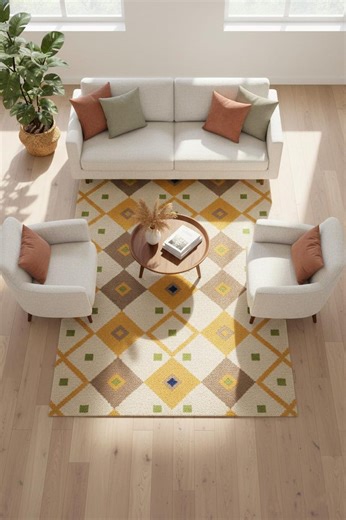 Hand-tufted Geometric Diamond Pattern Rug | Yellow & Brown Argyle Wool Area Carpet | Mid-century Modern Decor Floor Mat - Etsy
