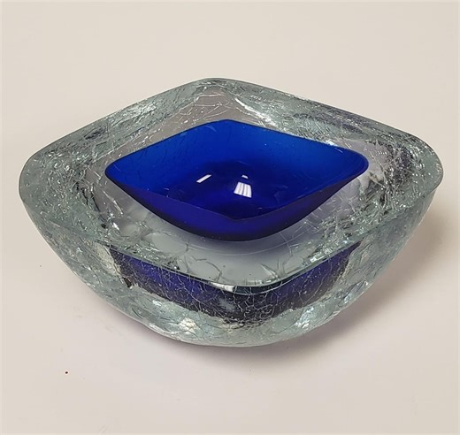 Murano Glass Crackled Clear Cobalt Blue Insert Diamond Shaped Ash Tray/home Decor, Italy - Etsy