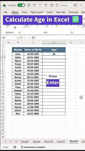Calculate Age in Excel ✅#excel#exceltutorial #excelformula#exceltraining#exceltricksandtips