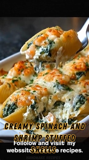 Handmake Recipes on Instagram: "Creamy Spinach and Shrimp Stuffed Shells 🍤 Protein 32g Indulge in these jumbo pasta shells packed generously with a cheesy spinach and ricotta blend, then topped with tender, garlic-buttered shrimp. Baked in a luxurious white cream sauce until bubbly and golden, this dish is a show-stopping seafood dinner that tastes like it came from a fine Italian restaurant. 📝 Ingredients: 🥬 ✦ 12 oz Jumbo pasta shells (about 20 shells) ✦ 1 lb Medium shrimp, peeled and devein