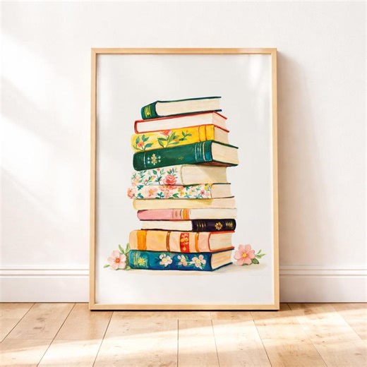 Stack of Books Wall Art Printable, Cozy Reading Aesthetic, Book Lover Gift, Library Decor, Floral Vintage Books Print, Home Wall Decor - Etsy