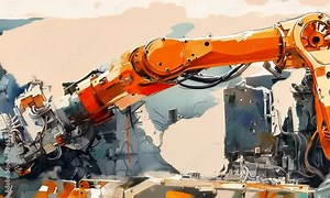 A watercolor painting of a robot arm assembling a complex piece of machinery, its movements precise and efficient. Video