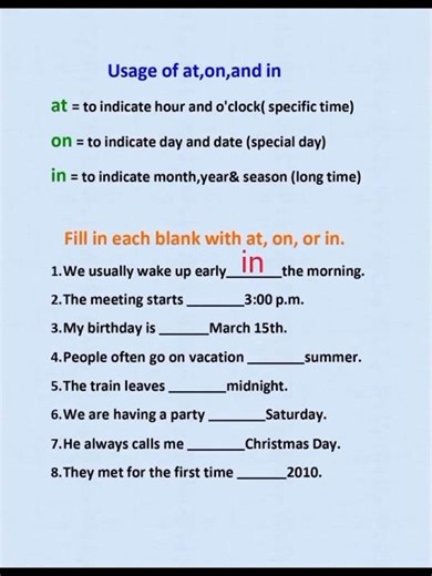 Usage of at, on, and in #english #spokenenglish #education