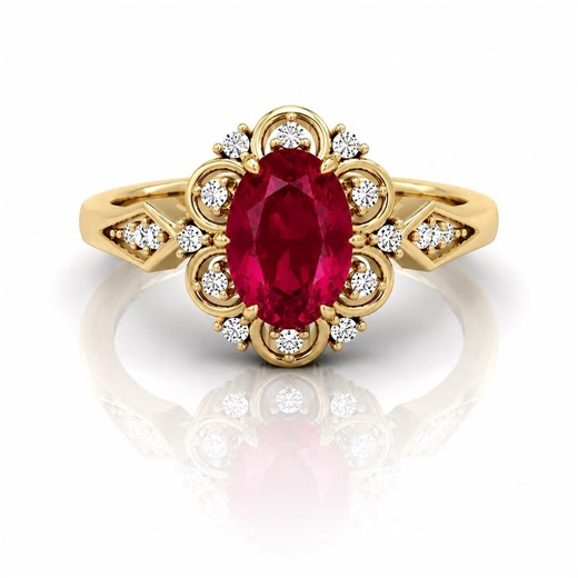 Vintage Lab Grown Ruby Art Deco Ring in 925 Sterling Silver, Oval Ruby Ring With Zircon Accents, Antique Style Ring - Etsy