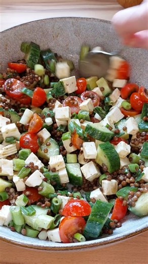 Chelli on Instagram: "Linsensalat Der Salat wirkt unscheinbar, ist aber so lecker 😍 Zutaten: 400 g Linsen (Dose) 1 Block Hirtenkäse 1 Bund Frühlingszwiebeln 1/2 Gurke 200 g Kirschtomaten Dressing: 3 EL Olivenöl 1 EL Senf 1 EL Essig 3 EL Wasser Salz, Pfeffer Guten Appetit wünscht Chelli ❤️ #linsensalat #proteinreichesrezept #feierabendküche #schnellesrezept #günstigeinkaufen"