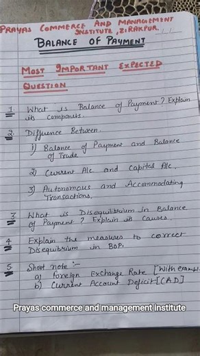 most expected important questions of chapter balance of payment for class 12th subject economics