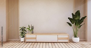 Cabinet wooden display design on room japanese minimalist living room interior, 3D rendering