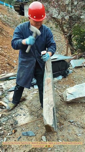 Satisfying Stone Splitting: Watch a Master Split a Giant Slate with Ancient Technique! 🌾🦀↓