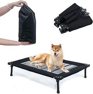 Pozico Foldable Outdoor Dog Bed Cooling Elevated Dog Cot with Metal Frame,Portable Camping Dog Bed,Breathable Mesh,Large/Medium Dogs Cats Pets Bed,Indoor and Outdoor Use,L-Black