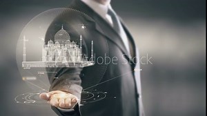 Taj Mahal Businessman holding in Hand Landmark New technologies