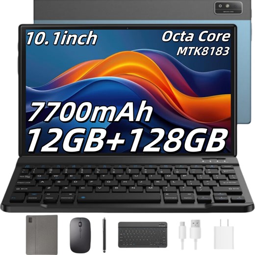 Headwolf Android Tablet with Keyboard, 12GB RAM 128GB ROM 2 in 1 10 inch Tablet with Case Mouse Stylus, Octa Core 7700mAh Battery, 16MP Camera, 2024 Latest Wifi Tablet PC Blue