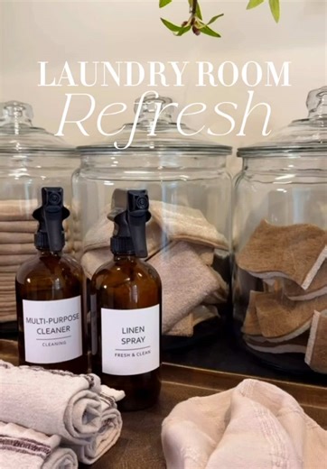 It doesn't need to be pricey to freshen up your laundry room! I love these new aesthetic spray bottles and glass jars to hold my dryer balls and towels! 💖✨ Laundry room refresh Aesthetic laundry room Laundry room revamp Spring refresh musts Glass jars & neutral runner rug