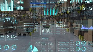 Animation of diagrams and data processing over machines working in warehouse | Premium Stock Video Footage