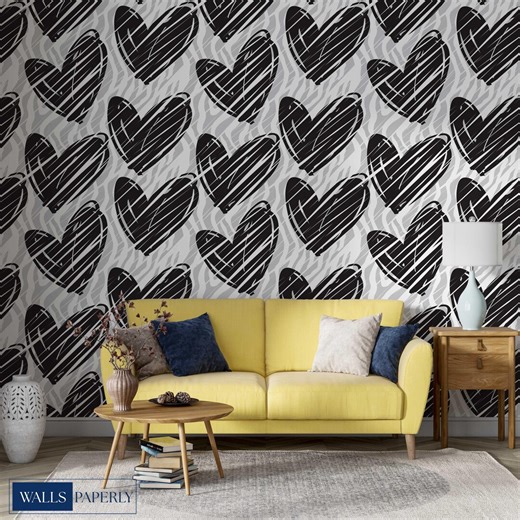 Black and White Heart Wallpaper – Expressive Hand Sketched Heart Pattern - Etsy