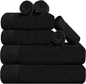 Tens Towels Pack of 8 Popcorn Textured Luxury Towels Set, 2 Extra Large Bath, 2 Hand, 4 Washcloths, 100% Cotton, Plush Hotel Quality, Super Absorbent, Perfect for Your Bathroom, Black