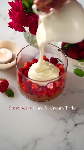 Eggless strawberry curd and cream trifle that looks fancy but is so easy