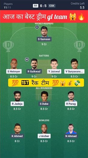 RR vs CSK Dream11 Prediction |RR vs CSK 2026 DREAM TEAM |CSK vs RR Dream11 Prediction Team #ipl2026​