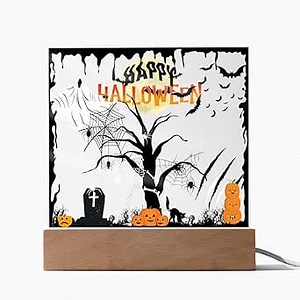 Halloween Lamp with Spooky Spider and Halloween Tree Night Light Decor for a Scary Indoor LED Home Lighting Ghost Pumpkin Theme - Happy Fun Fright Night - White Red Green Blue Colored