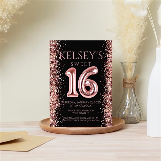 Sweet 16 Invitation, Rose Gold Sweet Sixteen, Birthday Party, Digital Download, Editable Template, Corjl Invitation - Etsy
