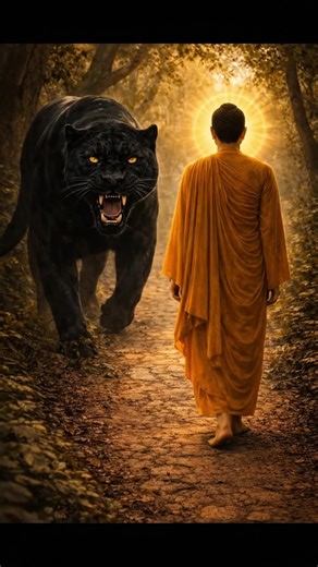 From Fierce Panther to Gentle Kitten: Buddha's Compassion 🙏✨🐆➡️🐱 English A massive, fierce black panther saw the Buddha walking meditation in the deep forest. The beast prepared to pounce upon Him. But the Buddha already knew, and with gentle divine power, He transformed the panther into a small, adorable black kitten. Then He radiated infinite compassion and loving light, transforming the creature's mind.