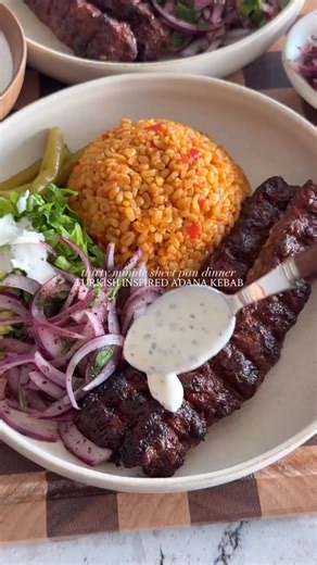 279K views · 176 reactions | Turkish-inspired Adana Kebab! The easiest weeknight dinner that’s not short on flavor. I love serving it with a side salad, creamy yogurt sauce, and fluffy Turkish pilaf for the full spread  Full recipe’s up on the blog as always — www.moribyan.com — or link in bio! #dinner #easyrecipe #easydinners #30minutemeals #sheetpandinner #cooking #food #healthyfood #foodlover #foodblogger #foodblog #turkishfood #kebab | MoribyanKitchen | Facebook