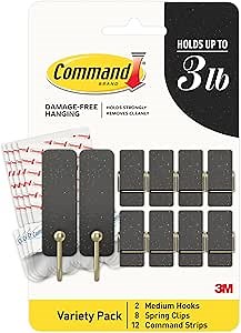 Command Mixed Hooks Pack, 10 Soot, 12 Strips (2 Medium Hooks, 8 Spring Clips), for Hanging Christmas Decorations