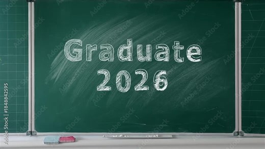 Hand drawing text Graduate 2026 on blackboard. Congratulations graduates.