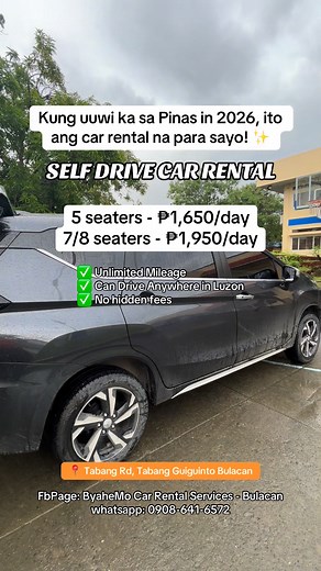 OFW ka at pauwi kana next year? Ayaw mo ng car rental na puro hidden charges? Para sayo talaga ito! ✅Unlimited mileage. ✅Anywhere in Luzon. Kayo mismo magda-drive. Kung uuwi ka sa Pinas ngayong 2026, siguraduhin mong hindi ka mauubusan ng maayos na sasakyan. Yung hindi ka binibigyan ng luma, sirain, at may kung anu-anong dagdag na bayarin pagdating ng singil. Ito ang 2026 Self-Drive Car Rental Promo namin na valid buong taon, kaya mas maaga ka mag-book, mas secured ang schedule mo. Most OFWs gus
