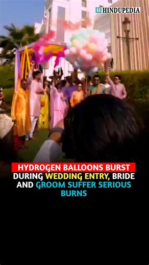 A wedding celebration turned into chaos when hydrogen balloons exploded during the couple’s grand stage entry. The sudden blast caused flames to shoot upward, leaving the bride and groom with burn injuries before guests could react. Panic spread across the venue as people rushed to help the injured couple and douse the fire. Local authorities are investigating whether improper handling of hydrogen balloons or negligence by event decorators caused the dangerous explosion during the ceremony. #Hyd