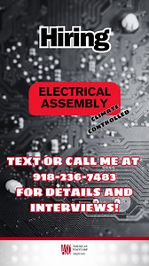 HIRING ELECTRICAL ASSEMBLY! Pryor Company looking for someone who can perform any combination of the following tasks: assemble electronic components, subassemblies, products, or systems. Must be able to use and read a tape measure. Basic computer skills. TEXT OR CALL ME AT 918-236-7483 FOR DETAILS AND INTERVIEWS! | American StaffCorp | Facebook