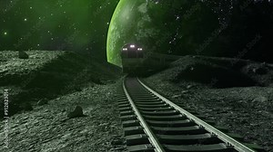 A train moves along tracks on an alien landscape under a green-lit sky with Earth visible in the background.