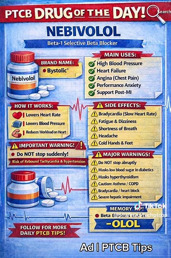 PTCB Drug of the Day 💊 NEBIVOLOL (Bystolic) Beta-1 selective beta blocker ✅ Quick hits: • Uses: HTN (high BP) more • How it works: ↓ heart rate, ↓ BP, ↓ workload on heart • Side effects: bradycardia, fatigue/dizziness, headache, SOB, cold hands/feet • Major warnings: don’t stop abruptly (rebound!), masks low blood sugar hyperthyroid signs, caution asthma/COPD, watch bradycardia/heart block, severe liver impairment 🧠 Memory tip: Beta blockers end in “-OLOL” Follow for more daily PTCB tips! #PTC
