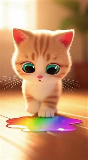 Pixar-Style Kitten Steps Into a Magical Rainbow Puddle