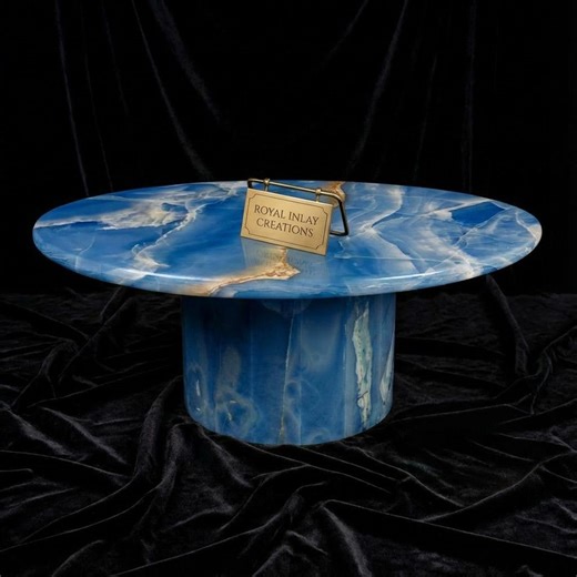 Rare Blue Onyx Coffee Table | Round Translucent Stone Table | Exotic Ocean Blue & Gold Vein Centerpiece | Luxury Pedestal Furniture - Etsy