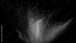 Realistic white powder explosion on black background. Slow motion with acceleration in vertical motion