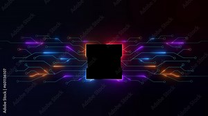 Computer CPU circuit board data storage operation chip. Data in the form of electrical signals move along circuits from a futuristic processor to the edges. High quality 4k motion graphics