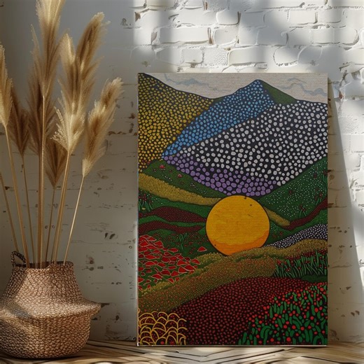 Abstract Dot Art Landscape Printable, Colorful Sunset Wall Art, Folk Inspired Nature Illustration, Modern Boho Decor - Etsy