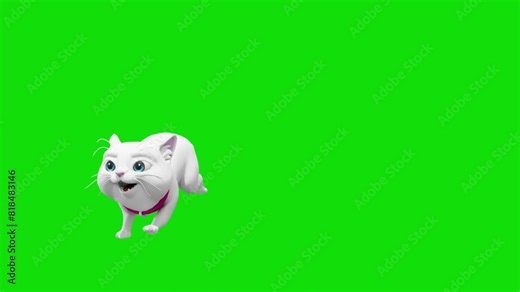 3D character animation of a cute white cartoon cat running in a loop against a green screen background. Ideal for visual effects, compositing, and projects requiring an animated feline character.