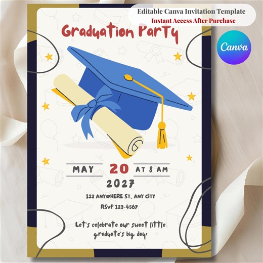 Graduation Party Invitation Template | Editable Canva Grad Invite | Cap and Diploma Graduation Invite Printable | Instant Download - Etsy