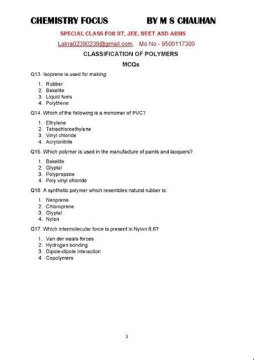 POLYMERS SOLVED MCQs; ADDITION & CONDENSATION POLYMERS; CLASSIFICATION OF POLYMERS; ELASTOMERS/NEET;