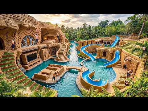 180 Days Building a 2-Story Cliffside Clay House with Lagoon Pool Complex Using Primitive Tools