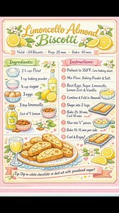 🍋 Limoncello Almond Biscotti Yield: ~24 biscotti Prep: 20 min | Bake: 40 min Ingredients: • 2 ½ cups all-purpose flour • 1 tsp baking powder • ¼ tsp salt • ¾ cup granulated sugar • 3 large eggs • 1 tsp vanilla extract • 3 tbsp limoncello liqueur • Zest of 1 lemon • 1 cup whole almonds, toasted Instructions: 1. Preheat oven: 350°F (175°C). Line a baking sheet with parchment paper. 2. Mix dry ingredients: In a bowl, whisk together flour, baking powder, and salt. 3. Mix wet ingredients: In a separ