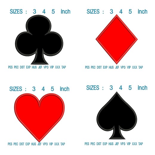 Heart Diamond Spade Club Card Suits Applique Embroidery Designs | Poker Casino Machine Files - Etsy