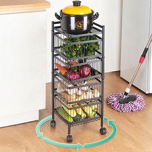 [Hot Item] 4 Tiers Premium Metal Kitchen Trolley Rotating Vegetable Fruit Storage Basket Rack with Wheels for Multi Purpose