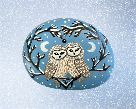 Hand Painted Two Owls Rock – Snowy Owls Night Scene Stone – Glossy Sealed Garden Decor - Etsy